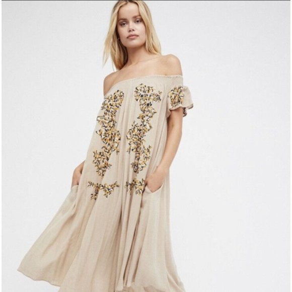 Free People Dresses & Skirts - Free People The High Road Jumpsuit Off The Shoulder Bohemain Dress Beige XS